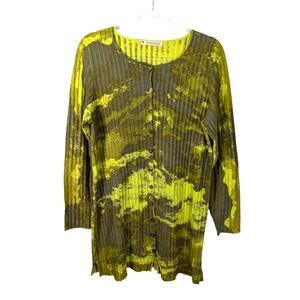 Mansted Rib Knit Long Cardigan or Sweater Dress Green Abstract Print Cotton M